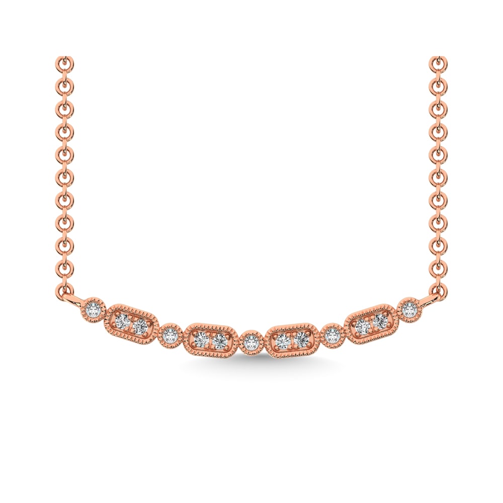 14K Rose Gold 1/10 Ct.Tw. Diamond Stackable Necklace: 14K Rose Gold 1/10 Ct.Tw. Diamond Stackable Necklace This Glamorous Necklace Is Available In 14K Rose Gold. There Are 13 Round Diamonds With A Total Carat Weight Of 1/10 Ct.Tw. Set In A Bezel / Micro 