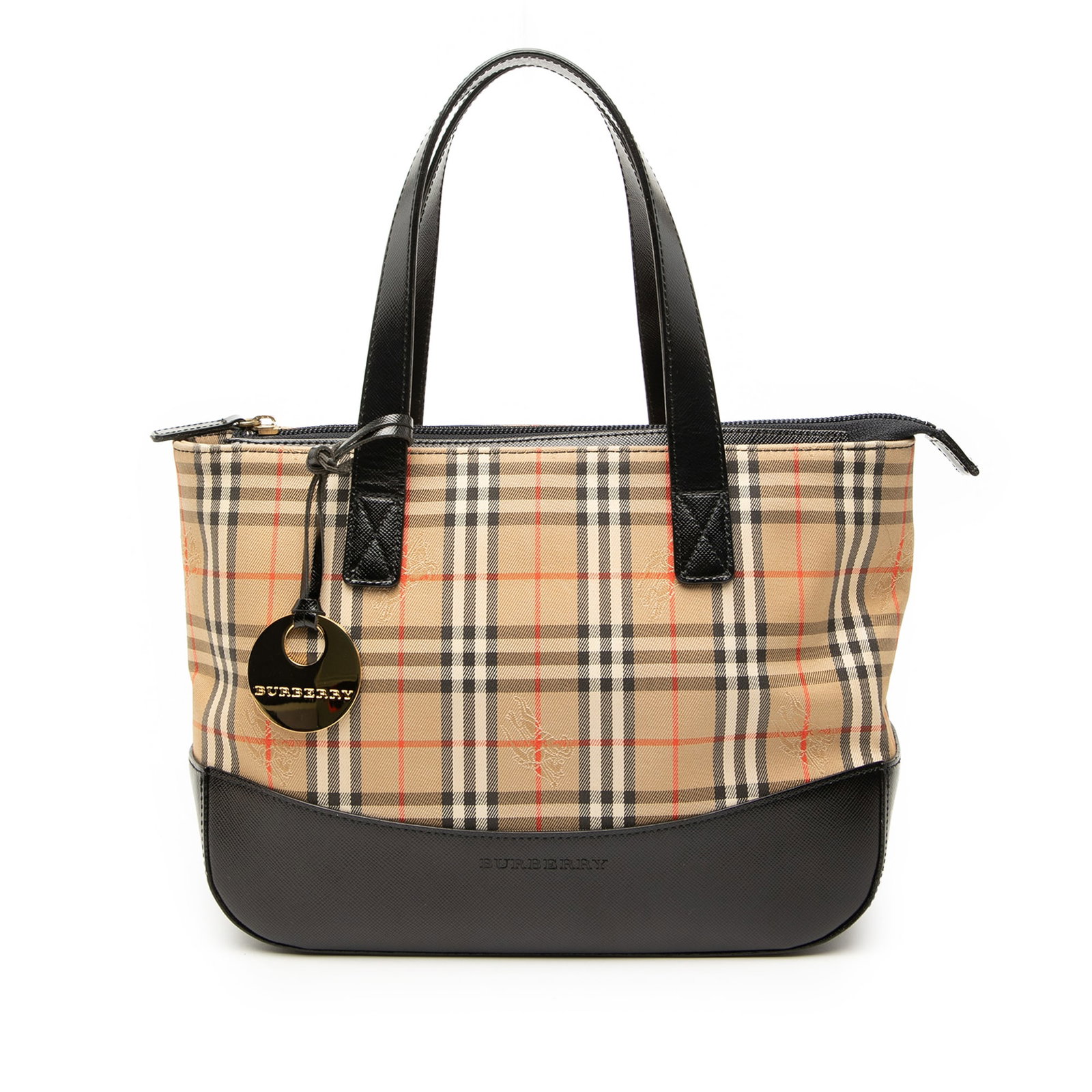 Beige Plaid Canvas Tote Bag with Leather Trim by Burberry Haymarket: Beige Plaid Canvas Tote Bag with Leather Trim by Burberry Haymarket This Burberry Haymarket Check Canvas Tote features the signature plaid canvas body with a bottom leather panel and flat leather stra