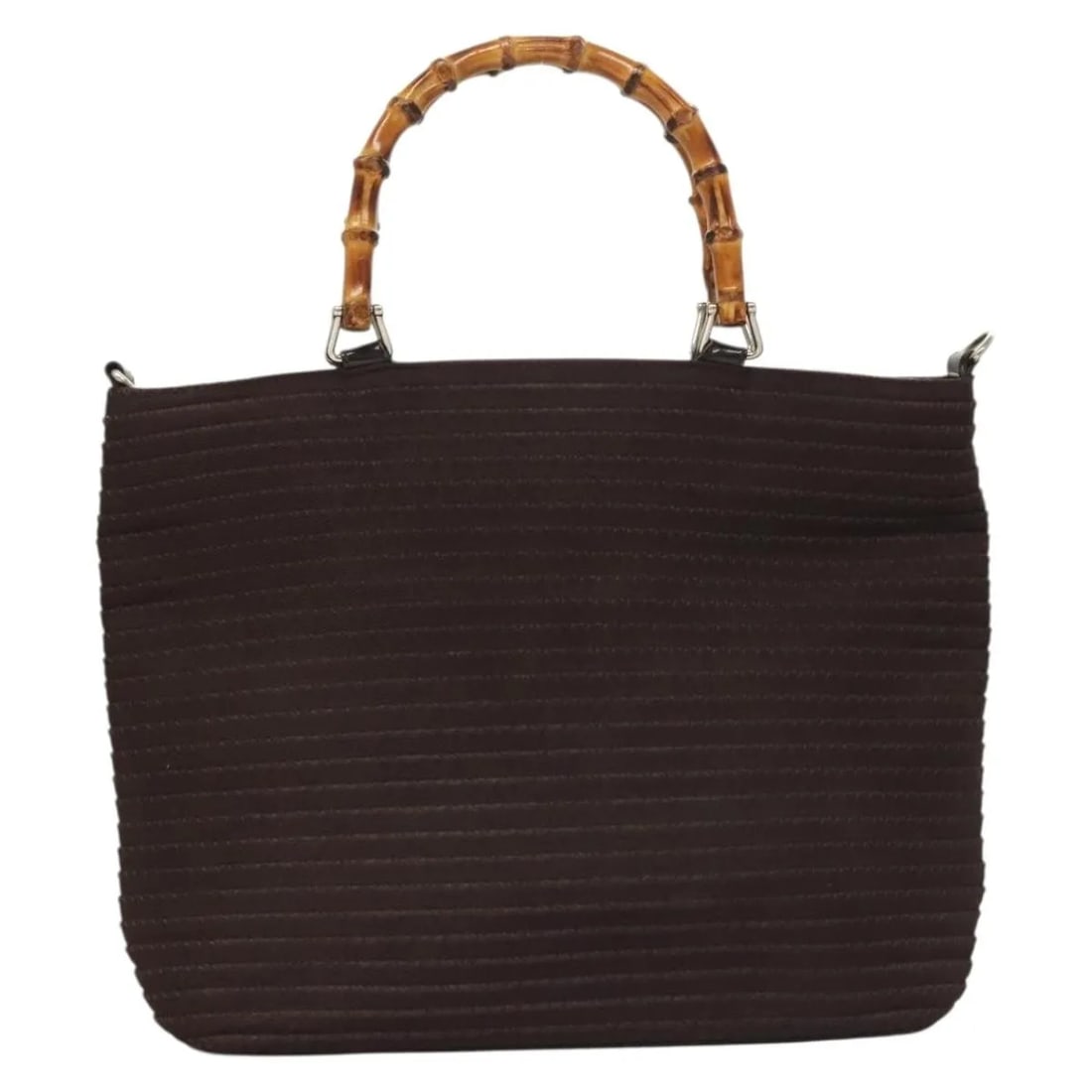 Gucci Brown Nylon Tote with Bamboo Handle Vintage Style: Gucci Brown Nylon Tote with Bamboo Handle Vintage Style This Gucci Vintage Bamboo Handle Tote for women features a brown synthetic body with bamboo handle accents. The bag measures 27cm x 24cm x 10cm 