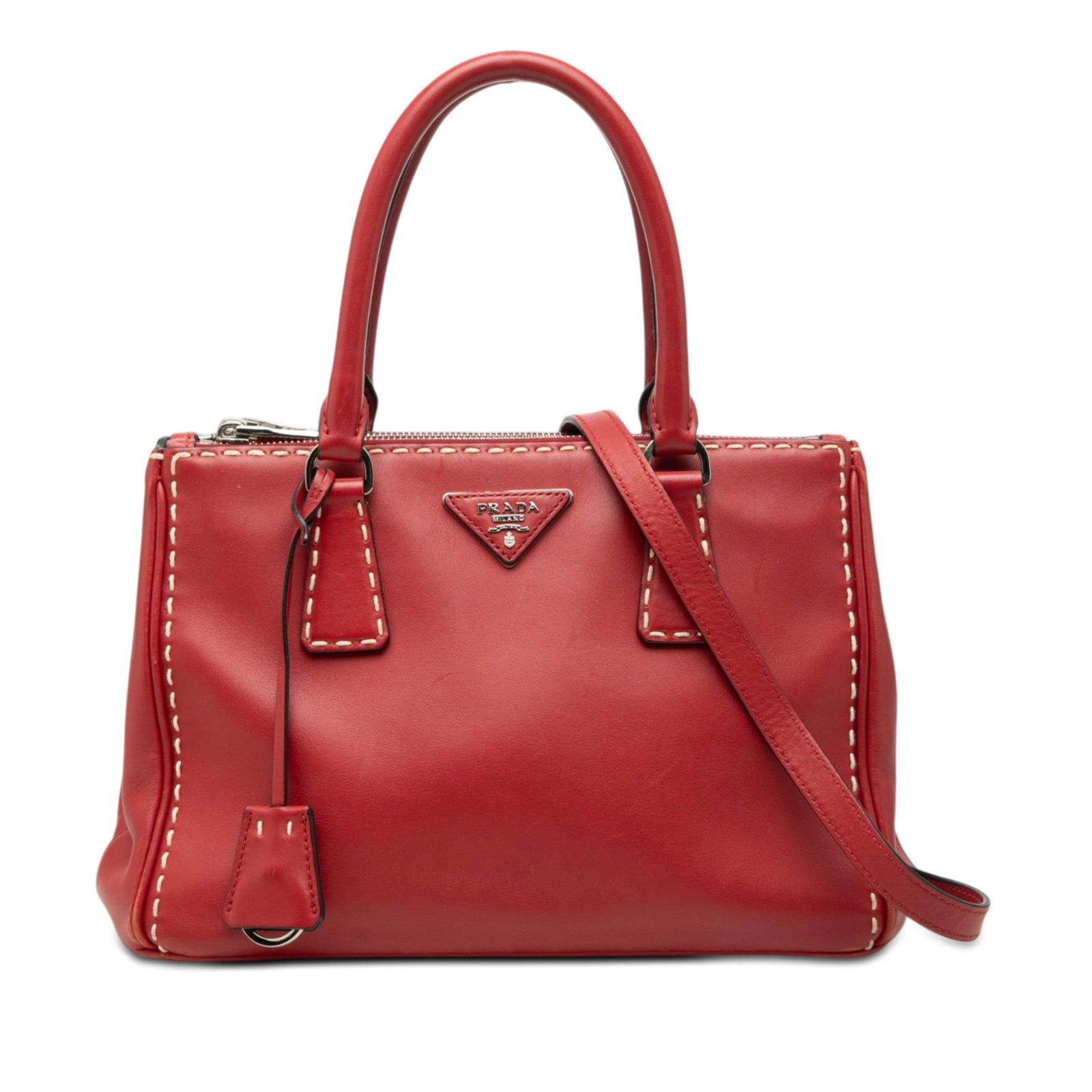 Prada Galleria red leather satchel with double zip compartments: Prada Galleria red leather satchel with double zip compartments This Prada Small City Calf Hand Stitched Galleria Double Zip Satchel is crafted from red leather with detailed stitching. It features ro