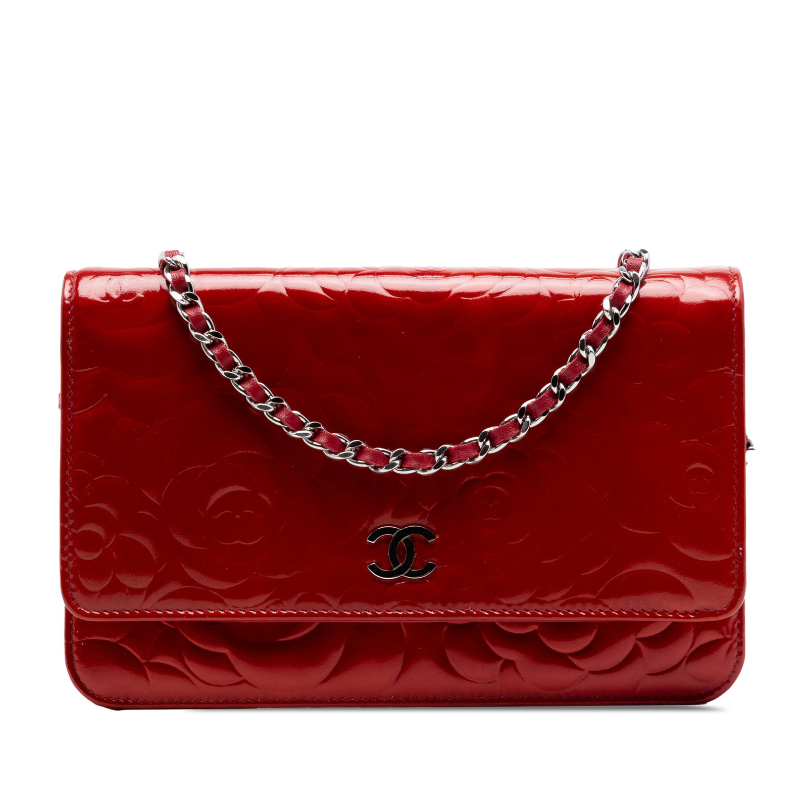 Chanel Camellia CC Patent Leather Wallet on Chain Red: Chanel Camellia CC Patent Leather Wallet on Chain Red A Chanel CC Embossed Patent Camellia Wallet On Chain in red patent leather. This bag features a leather-woven chain link strap, a flap with magnet