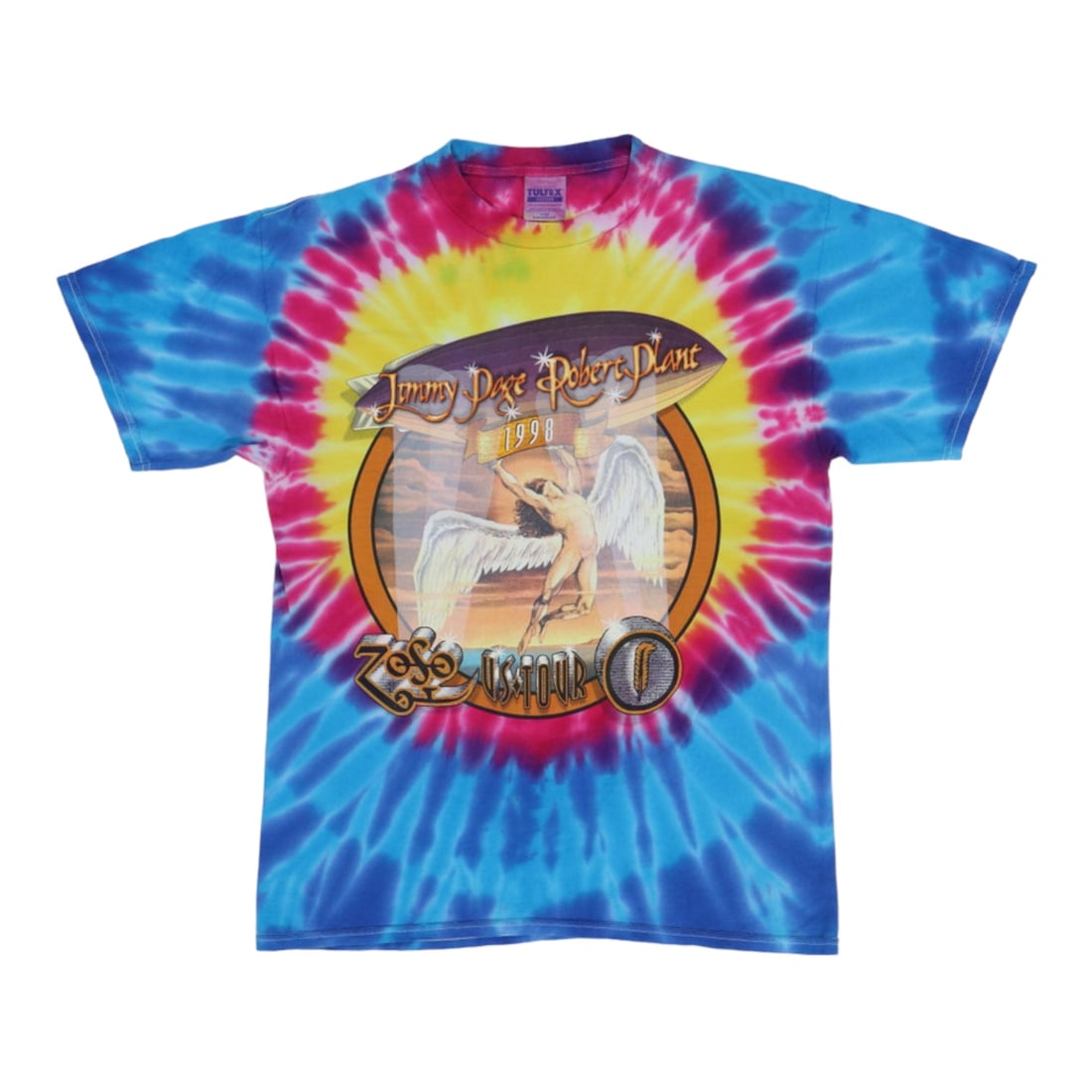 Vintage 1998 Zoso World Tour Tie Dye Shirt by Page and Plant: Vintage 1998 Zoso World Tour Tie Dye Shirt by Page and Plant This is an original vintage 1998 Jimmy Page & Robert Plant Zoso World Tour tie-dye shirt featuring front and back graphics. The shirt is ma