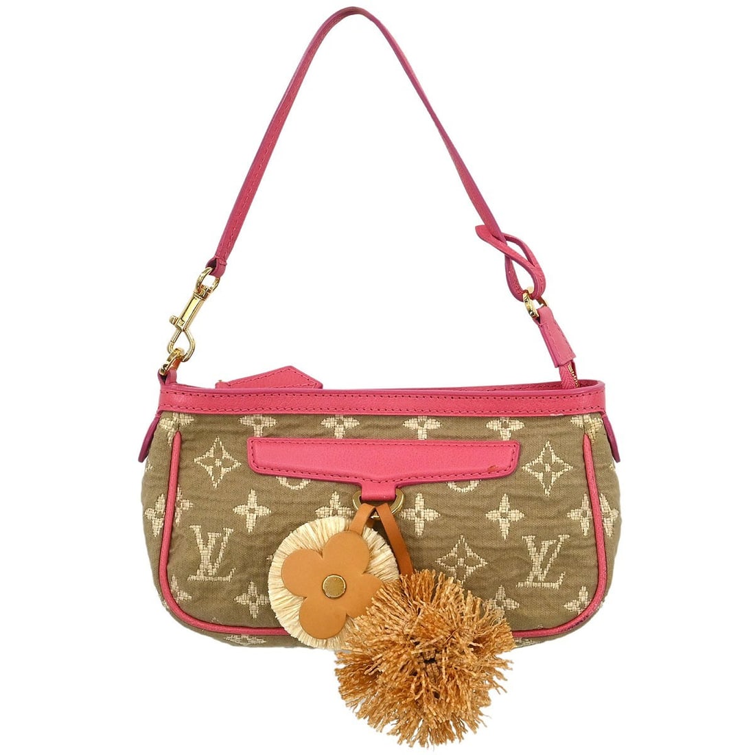 Louis Vuitton Pochette Accessoires Pink Monogram Sabia Pouch M93069: Louis Vuitton Pochette Accessoires Pink Monogram Sabia Pouch M93069 Vintage Louis Vuitton Pochette Accessoires in pink Monogram Sabia fabric with leather trim. This small zip-top pouch features a top 