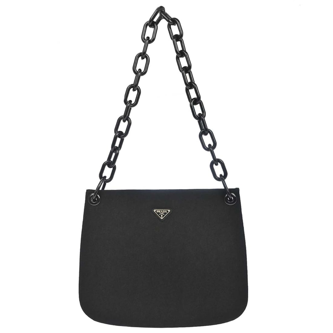 PRADA B6379 Mini Top Handle Bag in Black Nylon: PRADA B6379 Mini Top Handle Bag in Black Nylon Prada mini top handle handbag in black nylon with an acrylic chain detail. Made in Italy, this women's handbag features an interior zipper pocket and inc