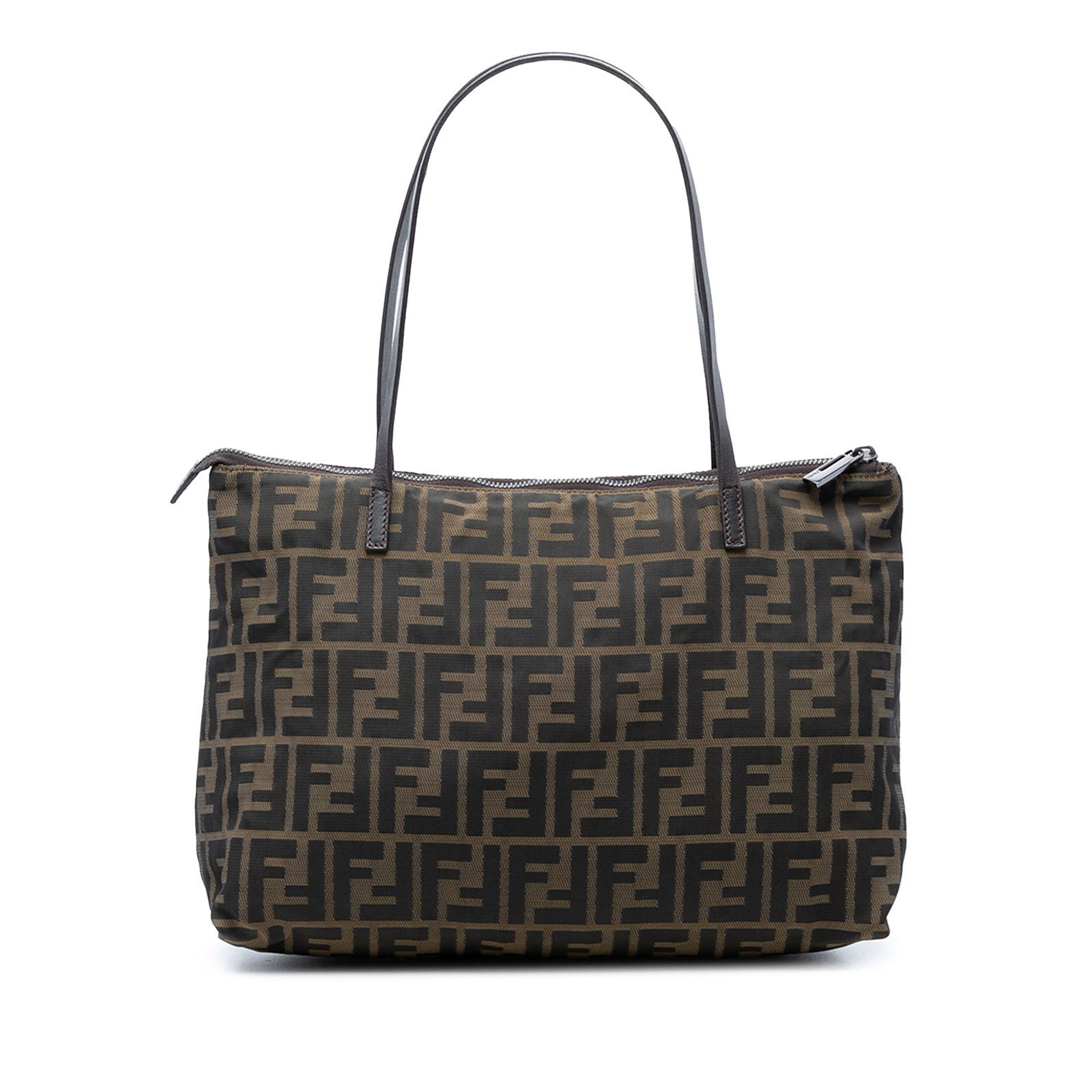 Fendi Zucca Brown Canvas Tote Bag: Fendi Zucca Brown Canvas Tote Bag This Fendi Small Zucca Canvas Tote features a durable canvas body with the iconic Zucca pattern, complemented by flat leather straps for comfortable carrying. The bag