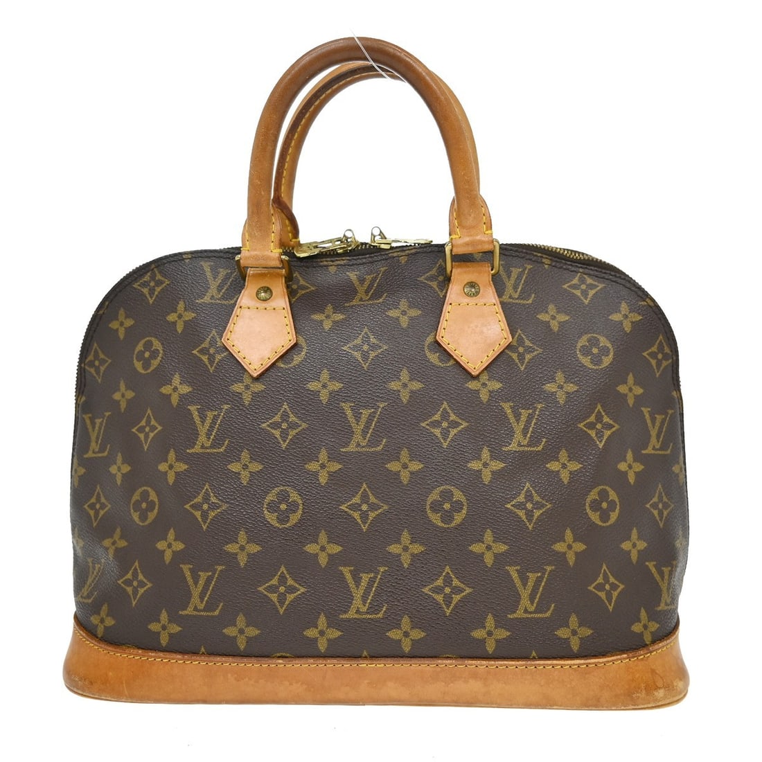 Louis Vuitton Alma Monogram Canvas Satchel M51130 BA0944: Louis Vuitton Alma Monogram Canvas Satchel M51130 BA0944 Vintage Louis Vuitton Alma handbag in Monogram canvas with leather trim and double handles. This medium handbag features a zip closure, brown l
