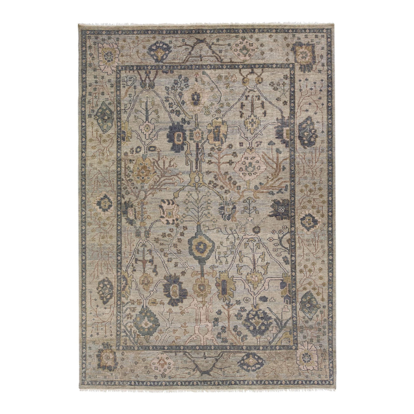 Handmade Modern Oushak Wool Rug 9'11 x 14' Floral Design in Gray: Handmade Modern Oushak Wool Rug 9'11 x 14' Floral Design in Gray This stunning handmade wool rug features a modern Oushak style design, showcasing an elegant gray base adorned with a beautiful allover