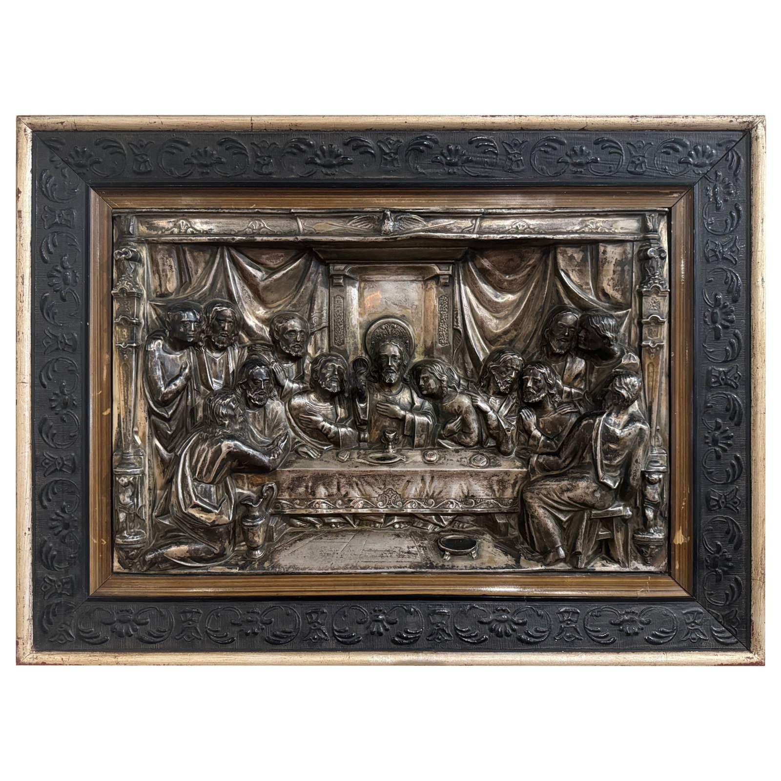 19th Century Spanish Framed Repousse Silverplated Copper Last Supper Artwork (1 of 7)