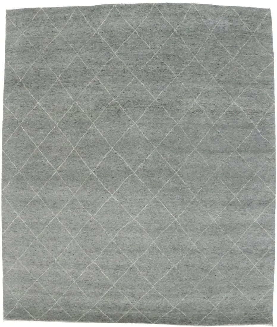 8'4 x 9'10 Wool Geometric Modern Rug Hand-Knotted Gray Moroccan Style Carpet: 8'4 x 9'10 Wool Geometric Modern Rug Hand-Knotted Gray Moroccan Style Carpet This handmade Moroccan rug features a modern geometric design in gray tones, crafted using hand-knotted wool. Suitable for 