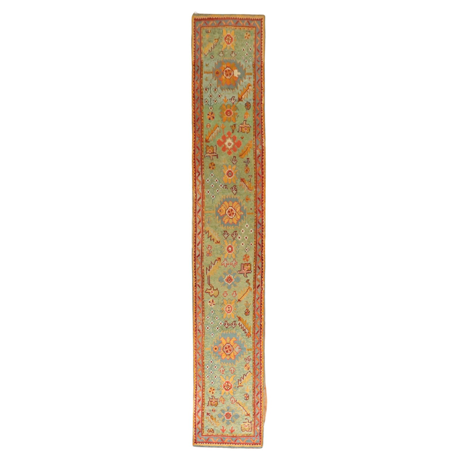 Bright Green Antique Turkish Oushak Wool Runner 30 x 181: Bright Green Antique Turkish Oushak Wool Runner 30 x 181 Discover the charm of this early 20th century bright green antique Turkish Oushak runner. Measuring 30 in (76.2 cm) in width and 181 in (459.74