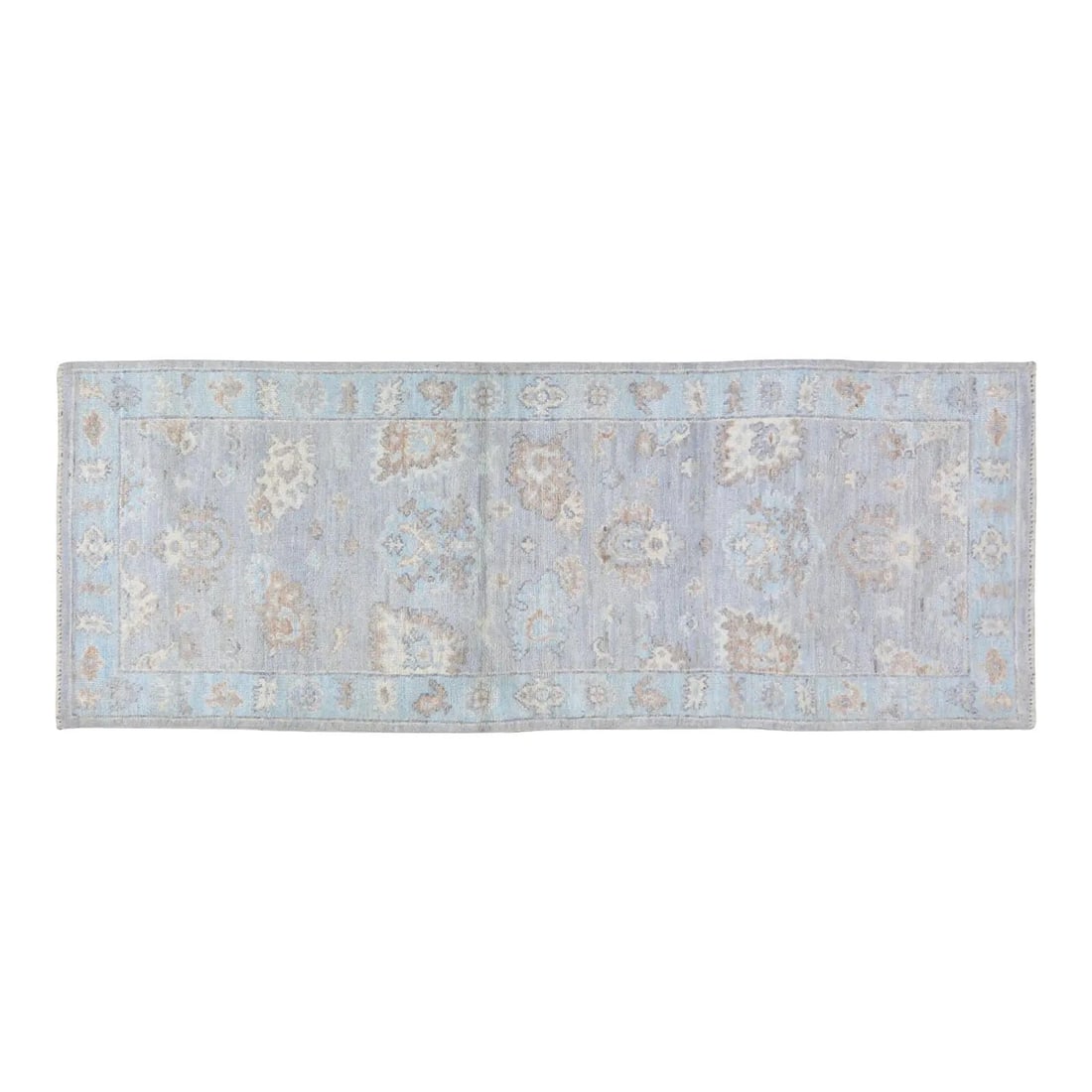 3' x 8'1" Wool Oushak Rug With Floral Motif and Fine Weave: 3' x 8'1" Wool Oushak Rug With Floral Motif and Fine Weave This contemporary Oushak rug features a hand-knotted wool construction with natural tan colors and a floral design. The rug showcases a fine 
