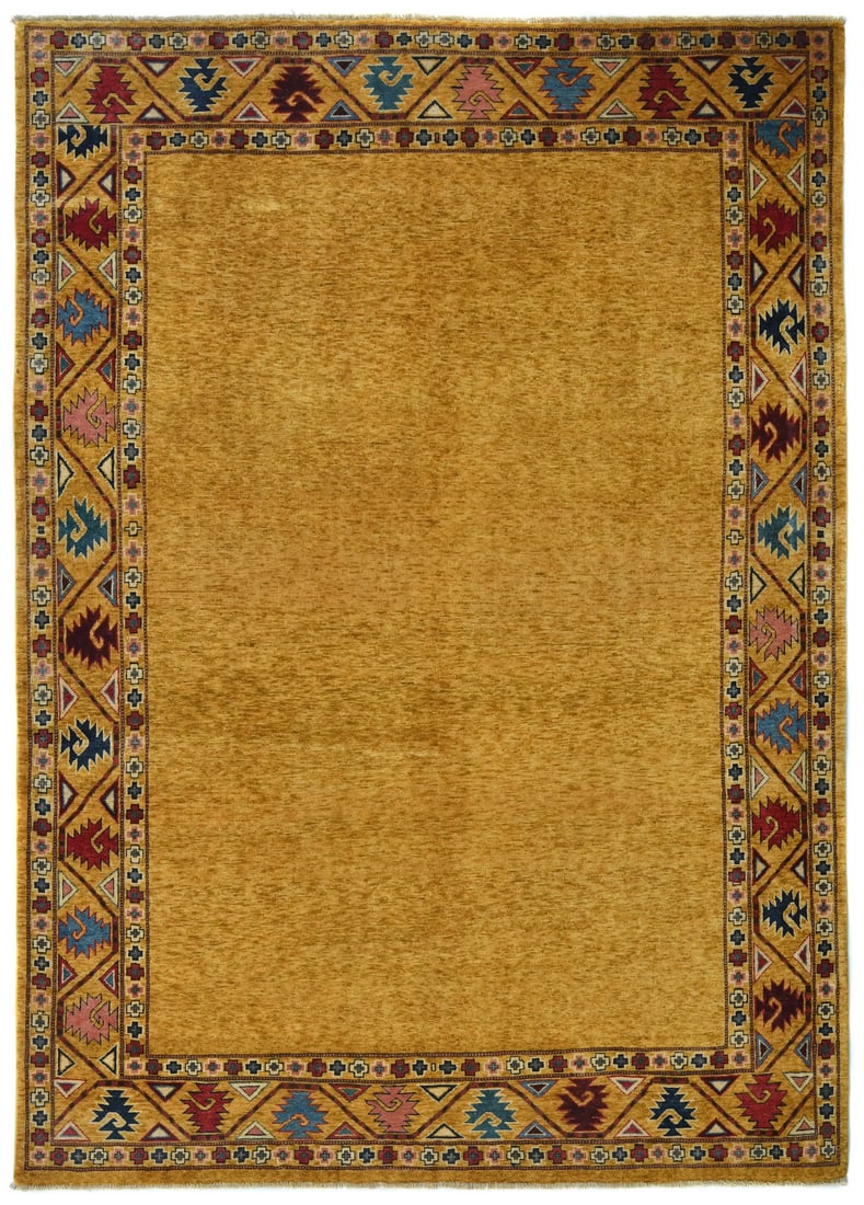 Handmade Kazak Wool Rug 6'6 x 9' Geometric Modern Design: Handmade Kazak Wool Rug 6'6 x 9' Geometric Modern Design Enhance your living space with this exquisite Handmade Kazak Pakistan Rug, featuring a captivating geometric design. Measuring 6'6" x 9'0", thi