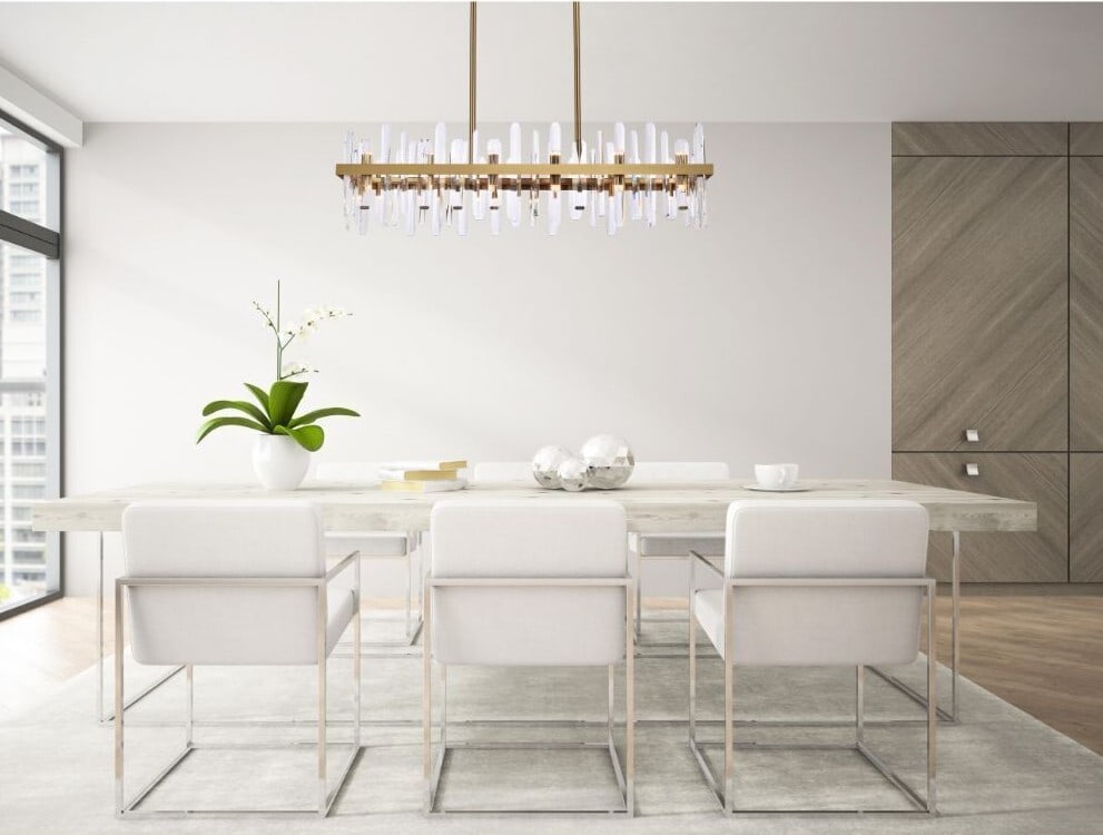 Serena 24-Light Crystal Island Chandelier Satin Gold 42 in: Serena 24-Light Crystal Island Chandelier Satin Gold 42 in Modern 24-light chandelier with a satin gold finish and clear Royal Cut crystal accents. It is hardwired, ETL rated, dimmable, and fire-rated