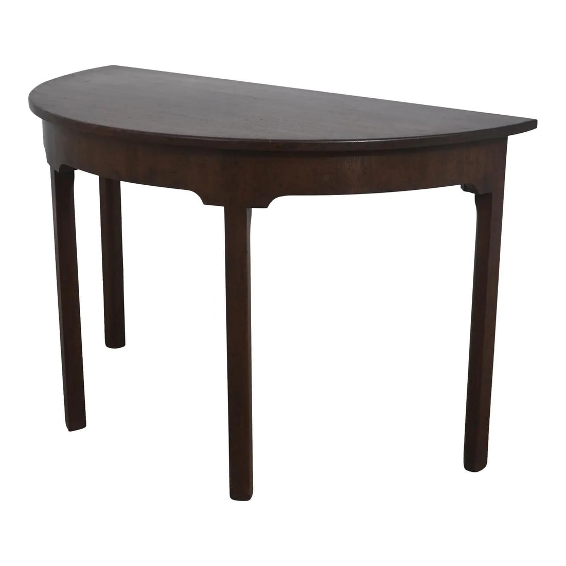 Mahogany demilune table Kittinger Colonial Williamsburg CW-34: Mahogany demilune table Kittinger Colonial Williamsburg CW-34 Colonial Williamsburg mahogany demilune table with a Chippendale style design and factory distressed finish. It is described as approximat