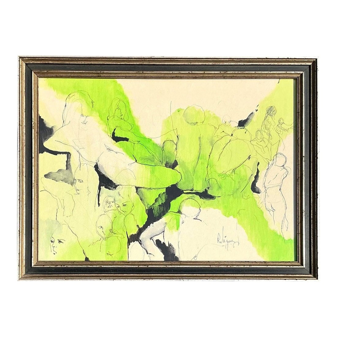 Vibrant Vintage Boho Pen and Ink Drawing Framed Artwork: Vibrant Vintage Boho Pen and Ink Drawing Framed Artwork Enhance your space with this captivating late 20th-century vintage pen and ink drawing. This expressive original artwork showcases dynamic lines