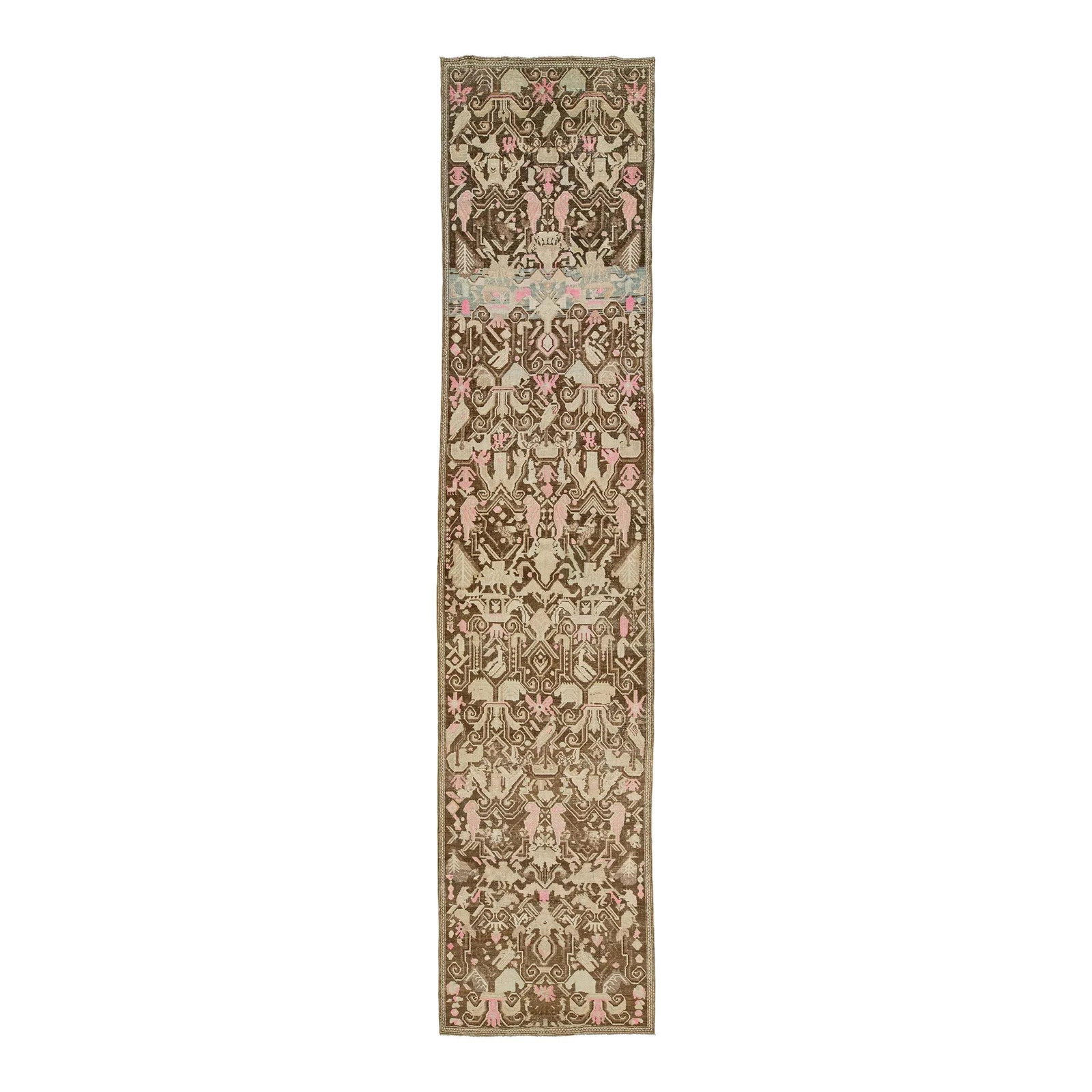 1920s Antique Karabagh Handmade Wool Runner Brown Pink 3'5 x 15'2 (1 of 8)