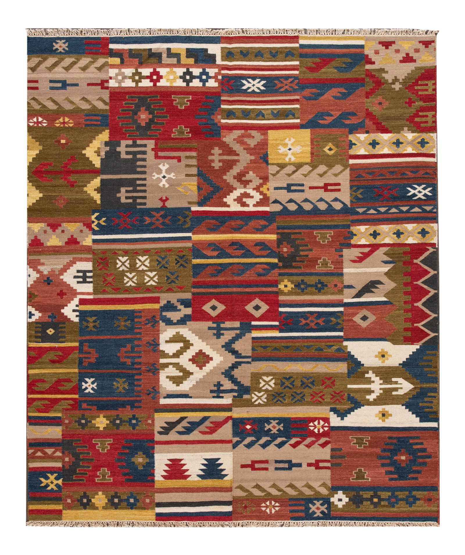 Modern Kilim Rug 8'3" x 9'8" Hand-Woven Wool Tan Multi-Color: Modern Kilim Rug 8'3" x 9'8" Hand-Woven Wool Tan Multi-Color Enhance your space with this stunning hand-woven modern Kilim rug, featuring a warm tan field complemented by vibrant multi-color accents i