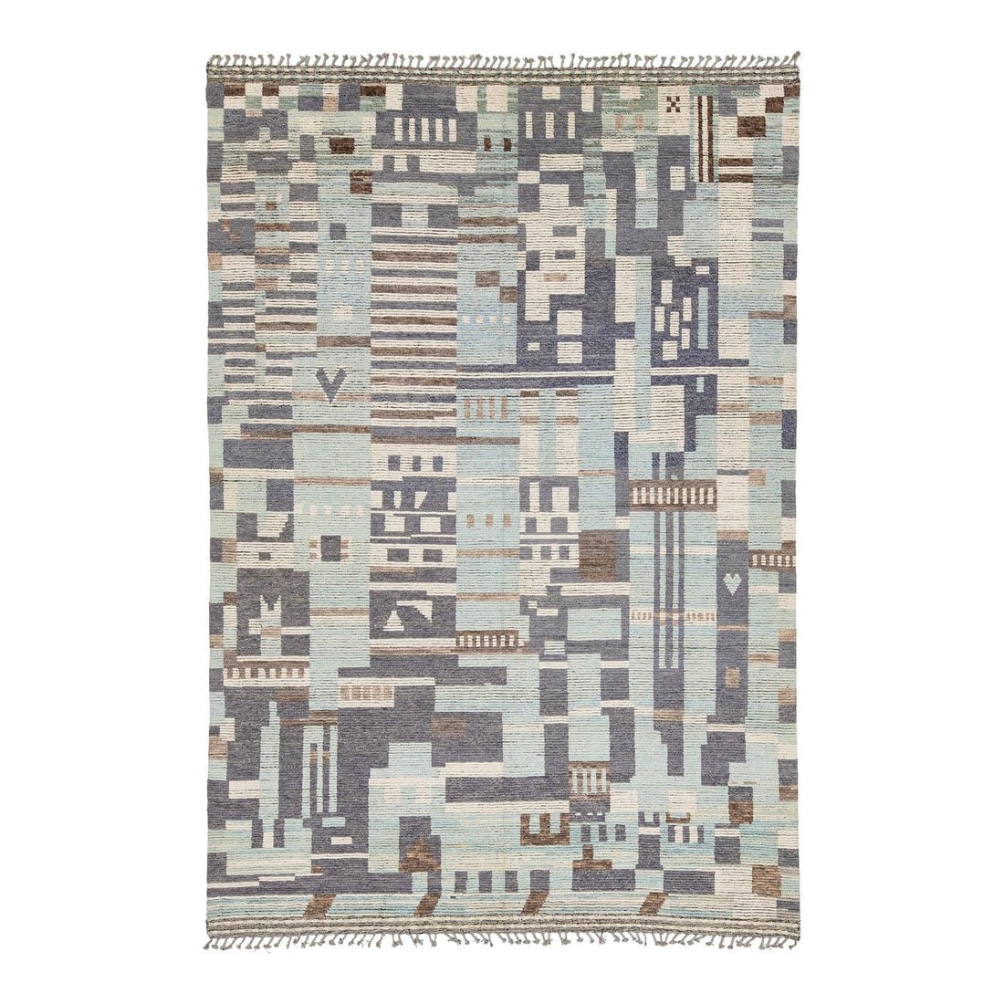 Handmade Wool Moroccan Style Rug 10x14 Abstract Urban Nomad: Handmade Wool Moroccan Style Rug 10x14 Abstract Urban Nomad This Modern Moroccan-style rug is meticulously handmade from 100% premium wool, showcasing a sophisticated blend of slate blue, soft aqua, a