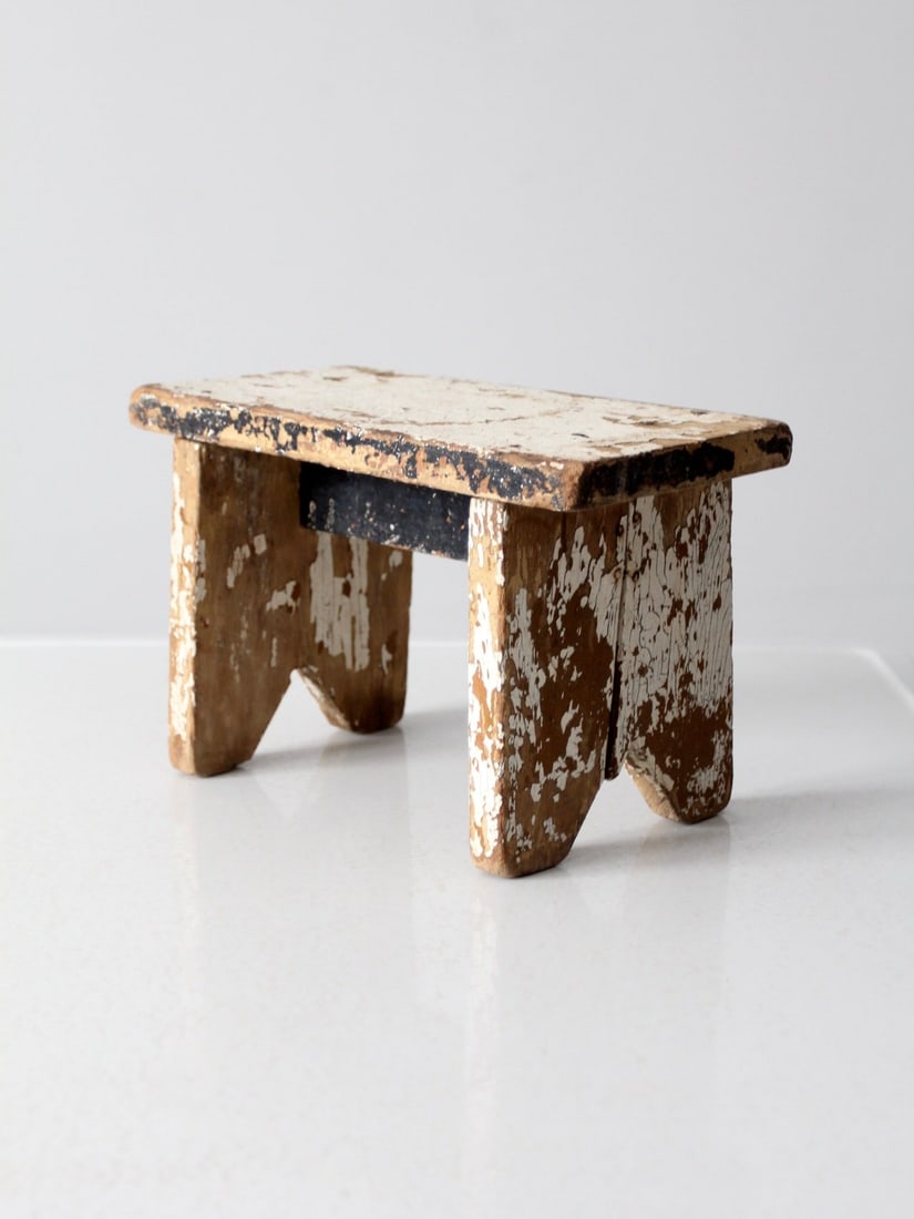 Rustic Antique Wooden Milking Stool with Worn Painted Patina (1 of 7)