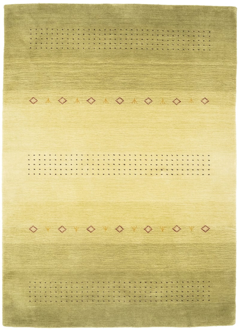 4'5 x 6'1 Hand-Loomed Wool Rug Multicolored Modern Striped Design: 4'5 x 6'1 Hand-Loomed Wool Rug Multicolored Modern Striped Design This hand-loomed area rug features a striking multicolor striped pattern, blending light olive, cream, and other tones. Crafted from w