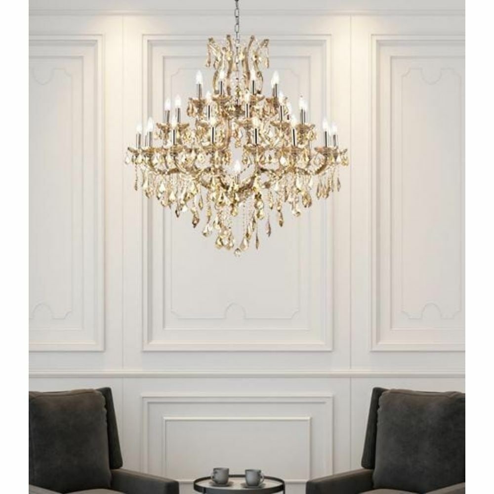 Maria Theresa 37 Light Golden Teak Crystal Foyer Chandelier 44 Inch: Maria Theresa 37 Light Golden Teak Crystal Foyer Chandelier 44 Inch This Maria Theresa chandelier features a stunning golden teak frame adorned with royal cut golden teak (smoky) crystals, creating a 