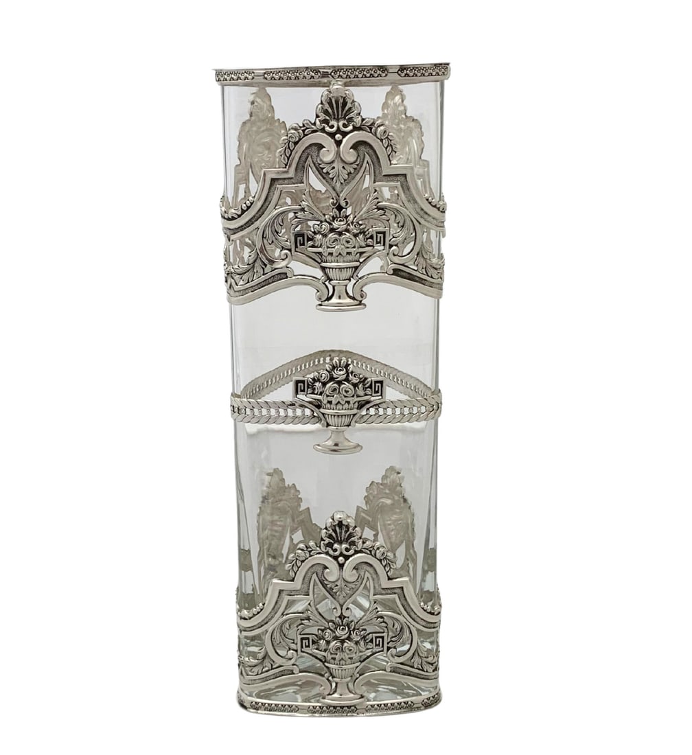 Topazio 925 Sterling Silver Crystal Handmade Floral Square Vase: Topazio 925 Sterling Silver Crystal Handmade Floral Square Vase This exquisite flower vase is crafted from fine Topazio 925 sterling silver and crystal, showcasing a beautiful handmade floral ornate d