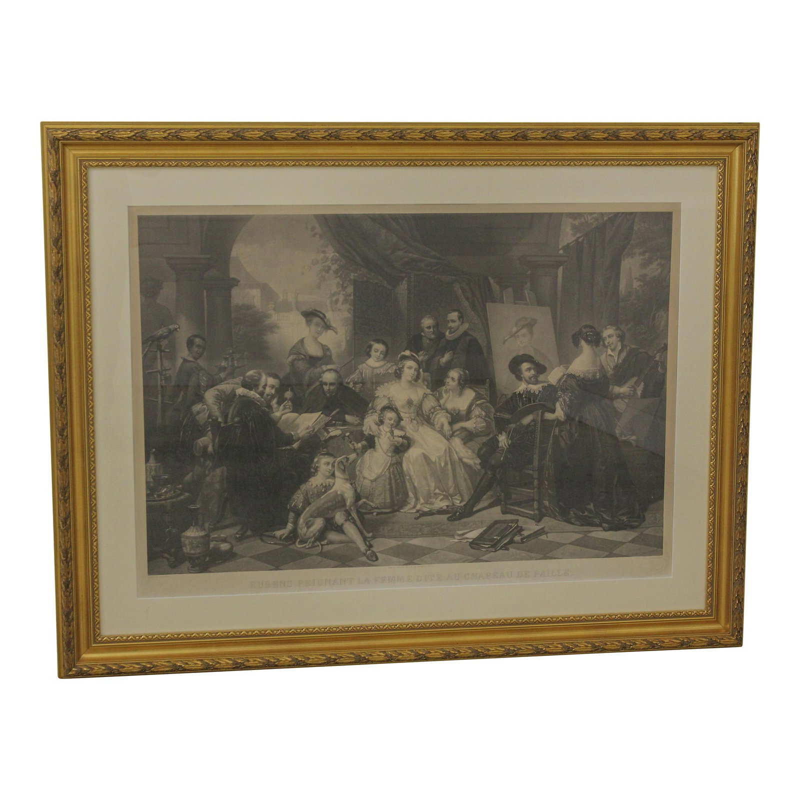 Large 19th Century French Engraving Professionally Framed Gold: Large 19th Century French Engraving Professionally Framed Gold This stunning vintage engraving, dating back to the 19th century, features a captivating interior room scene that reflects the artistry o