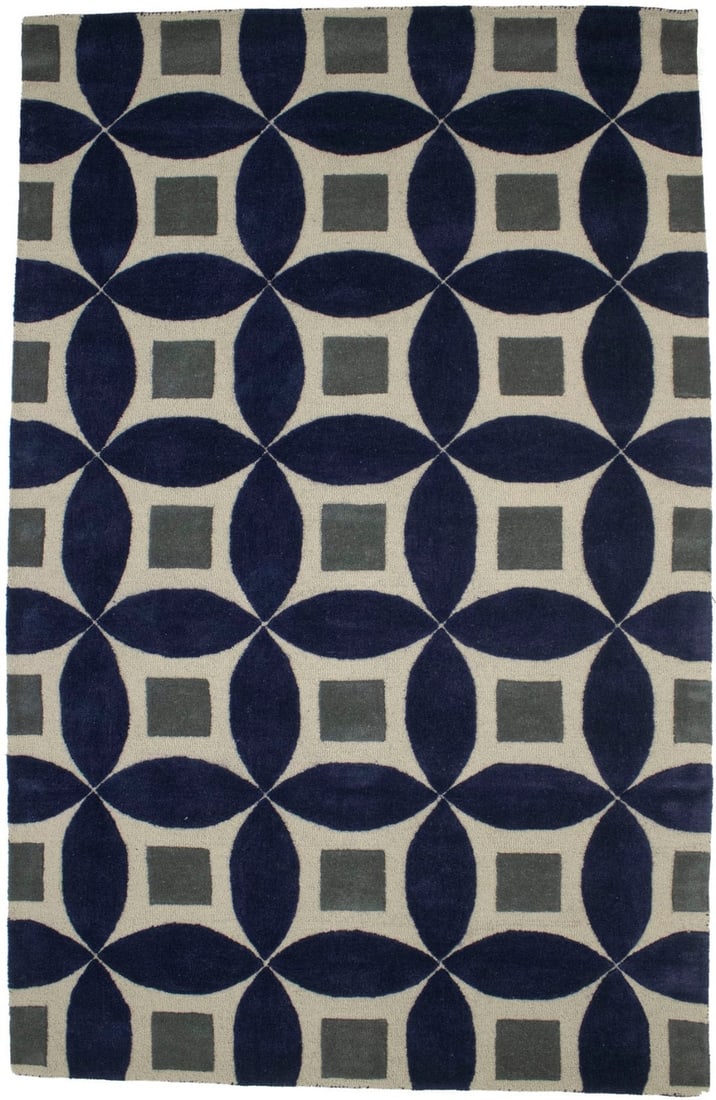 Modern Geometric Wool Area Rug 5X8 Hand-Tufted Dark Navy Cream Gray: Modern Geometric Wool Area Rug 5X8 Hand-Tufted Dark Navy Cream Gray Elevate your living space with this stunning Modern Geometric Design 5'0 X 8'0 Wool Hand-Tufted Area Rug. Crafted in India, this rug