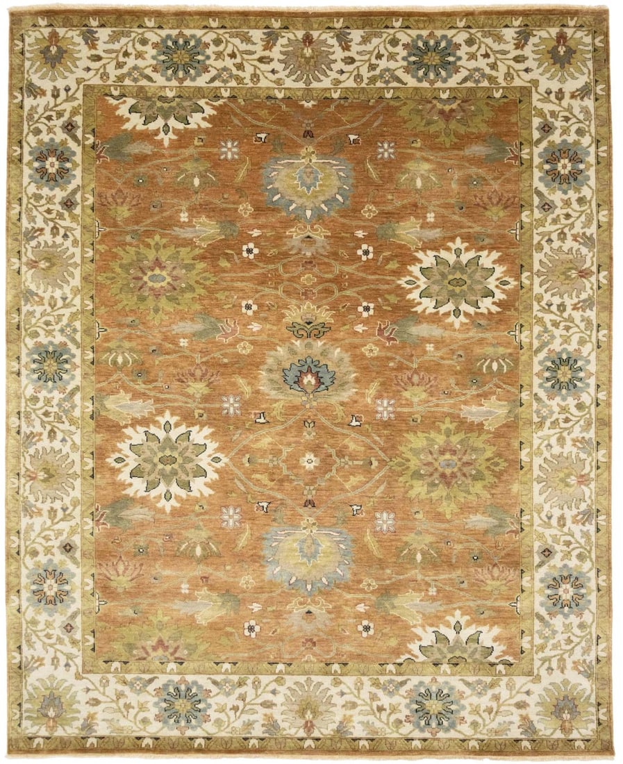 8' x 10' Wool Floral Pattern Hand-Knotted Area Rug in Rust and Blue: 8' x 10' Wool Floral Pattern Hand-Knotted Area Rug in Rust and Blue This hand-knotted Osh Chobi rug features a striking floral pattern in rust orange, golden brown, sage, sky blue, and ivory tones. Cr