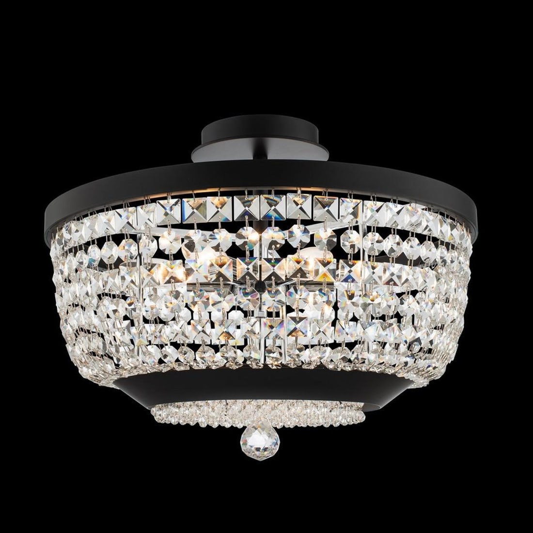 Kalco Terzo 18in Semi Flush Light Crystal Matte Black Polished Chrome: Kalco Terzo 18in Semi Flush Light Crystal Matte Black Polished Chrome Illuminate your space with the Terzo 18" Light featuring a stunning combination of Firenze Clear Crystal and a Matte Black finish 