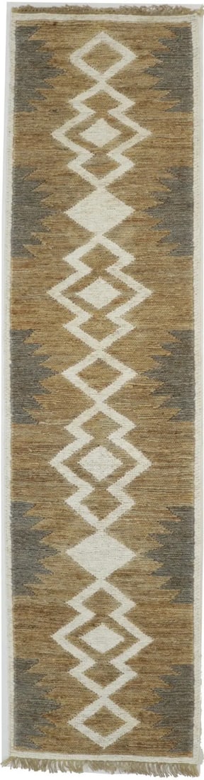 Handwoven Jute Runner Rug 2'5 x 10'0 Modern Geometric: Handwoven Jute Runner Rug 2'5 x 10'0 Modern Geometric This hand-woven runner rug features a geometric pattern in cream, beige, and brown tones. Crafted from natural jute, it offers a modern look suita