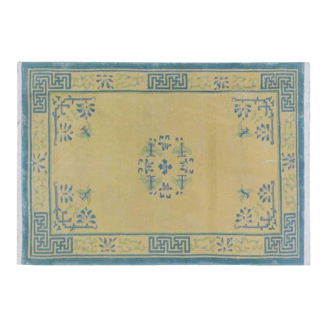 Hand-Knotted Wool Chinese Art Deco Rug Mustard 4'x5'8": Hand-Knotted Wool Chinese Art Deco Rug Mustard 4'x5'8" This vintage Chinese Art Deco wool rug is hand-knotted using traditional techniques, offering a blend of timeless craftsmanship and modern design