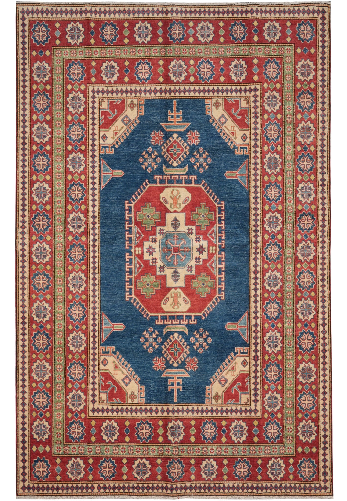 Handmade Super Kazak Rug 6.9 x 9.9 ft Wool Geometric Tribal Design: Handmade Super Kazak Rug 6.9 x 9.9 ft Wool Geometric Tribal Design Free continental US Shipping This 6.9 x 9.9 un-used handmade Super Kazak rug showcases traditional tribal craftsmanship with a classi
