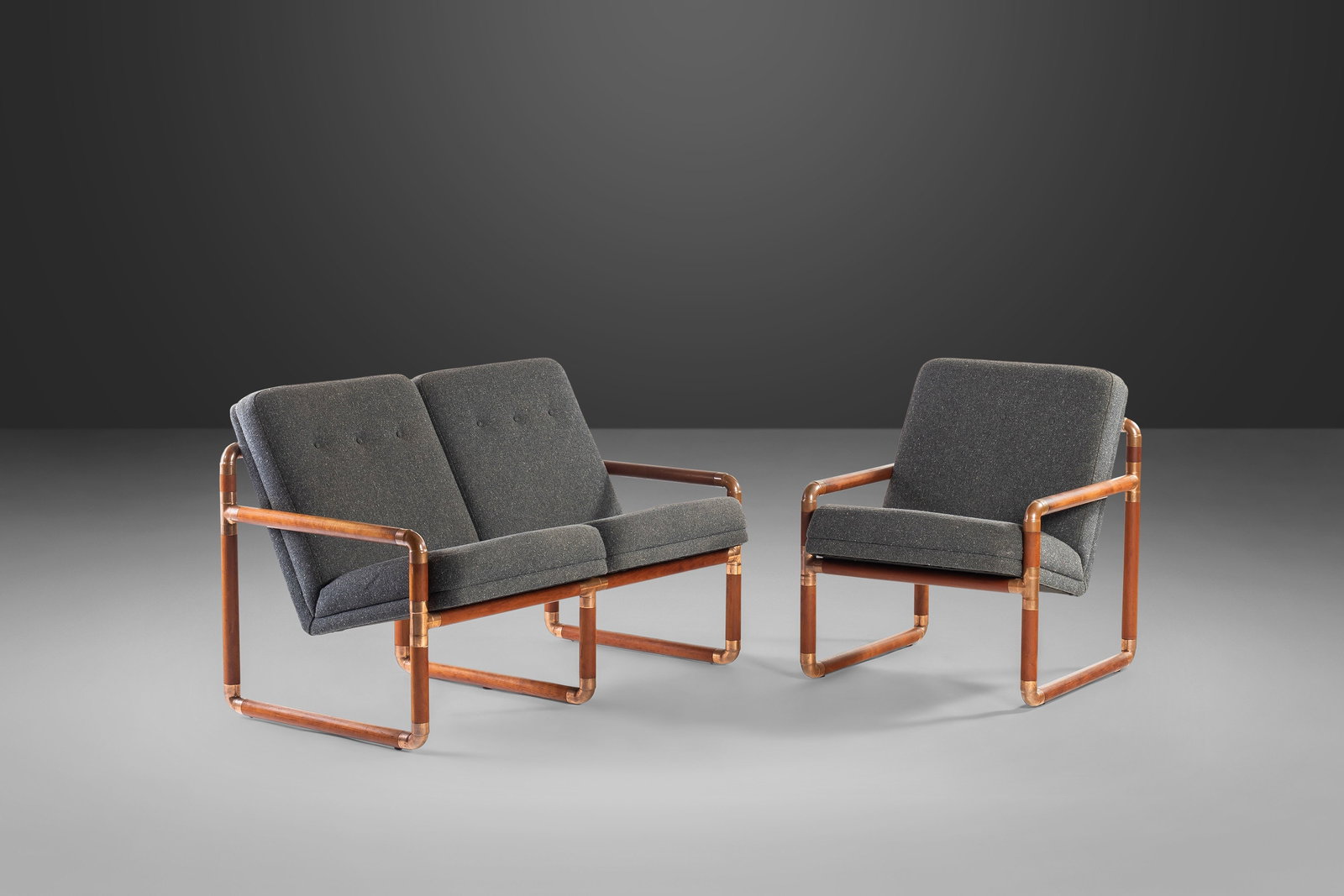 1970s Industrial Brass Walnut Loveseat Matching Chair Gray Tweed Upholstery USA: 1970s Industrial Brass Walnut Loveseat Matching Chair Gray Tweed Upholstery USA Discover a truly unique seating set that combines industrial style with vintage charm. This extraordinary loveseat and m