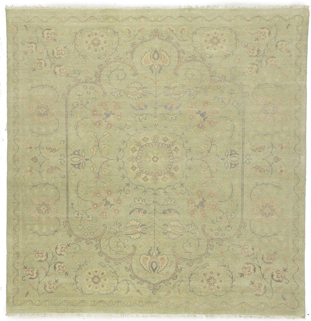 Vintage Floral Hand-Knotted Wool Area Rug 8x8 ft Square: Vintage Floral Hand-Knotted Wool Area Rug 8x8 ft Square Enhance your living space with this exquisite Transitional Muted Green Floral Rug, perfect for bedrooms, living rooms, or dining areas. Measurin