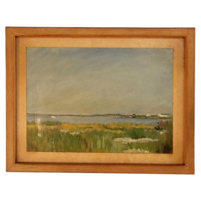Antique Oil On Board Seascape Painting C1930 11 x 13.5: Antique Oil On Board Seascape Painting C1930 11 x 13.5 This unsigned antique oil on board seascape painting, crafted around 1930, beautifully depicts a tranquil coastal scene featuring a calm sea and 