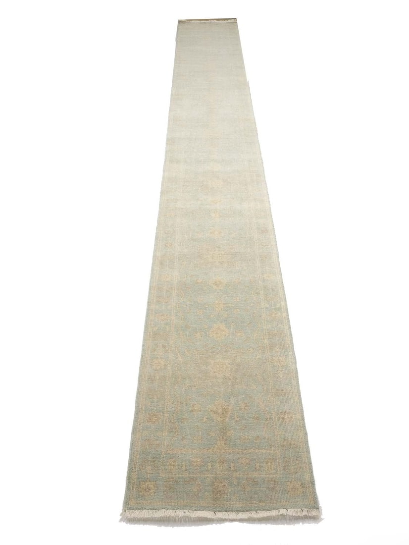 Muted Aqua Blue Floral Wool Runner Rug 2'6 x 18'7 Handmade in India: Muted Aqua Blue Floral Wool Runner Rug 2'6 x 18'7 Handmade in India This handmade Oriental runner rug features a muted aqua blue floral pattern and is crafted from wool using a hand-knotted technique.