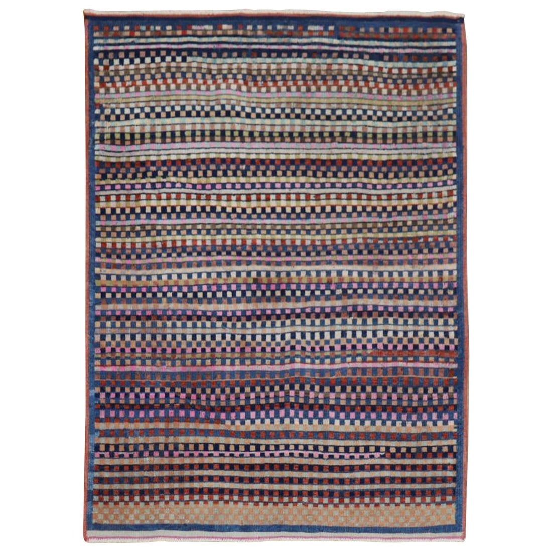 Vibrant 20th Century Turkish Deco Hand-Knotted Wool Rug: Vibrant 20th Century Turkish Deco Hand-Knotted Wool Rug This vibrant 20th Century Turkish Deco rug features a distinctive repetitive striped small box design in a delightful array of colors, embodying
