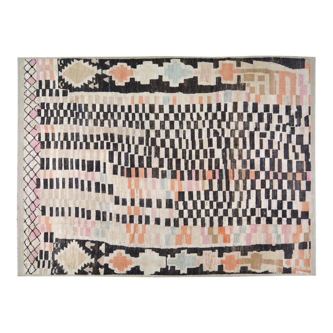 Handcrafted Wool Area Rug in Moroccan Style 9'x12'1" Tan: Handcrafted Wool Area Rug in Moroccan Style 9'x12'1" Tan This Moroccan hand-knotted wool rug showcases traditional craftsmanship combined with a modern design sensibility. Expertly crafted from wool, 