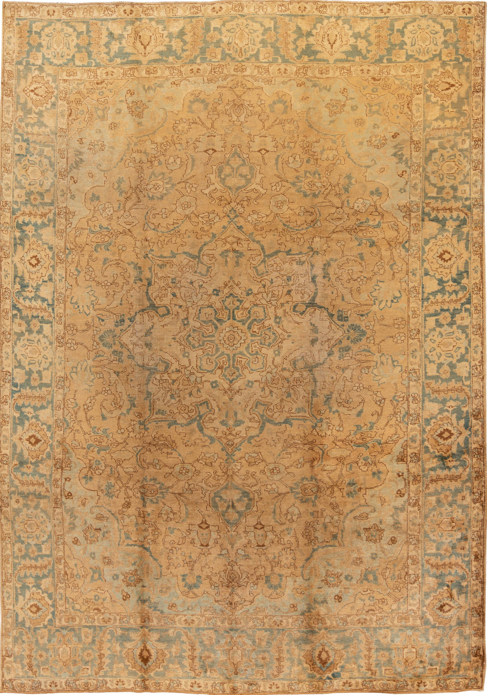 Antique Tabriz Wool Rug 8'11'' x 12'1'' Geometric Design: Antique Tabriz Wool Rug 8'11'' x 12'1'' Geometric Design Discover the charm of this early 20th century antique Tabriz rug, showcasing a stunning tan field complemented by vibrant red and teal accents.