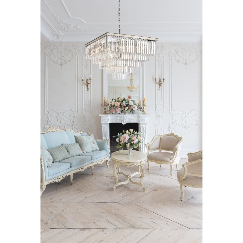 Sydney 21-Light Polished Nickel Crystal Chandelier 34 Inch: Sydney 21-Light Polished Nickel Crystal Chandelier 34 Inch This modern crystal chandelier features a polished nickel frame and is designed to accommodate 21 lights, creating a striking centerpiece for