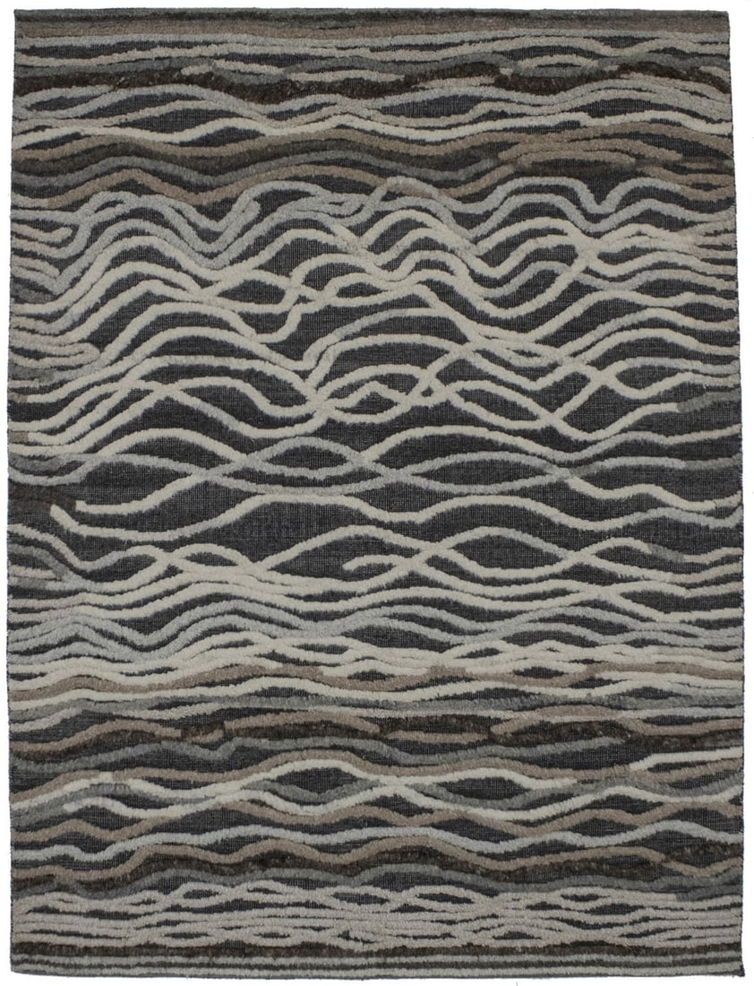 Modern Multicolor Wool Hand-Knotted Area Rug 5'10 x 7'9 Abstract Pattern: Modern Multicolor Wool Hand-Knotted Area Rug 5'10 x 7'9 Abstract Pattern This handmade modern area rug features a unique high-low relief wave design in a multicolor palette of dark gray, beige, tan, a