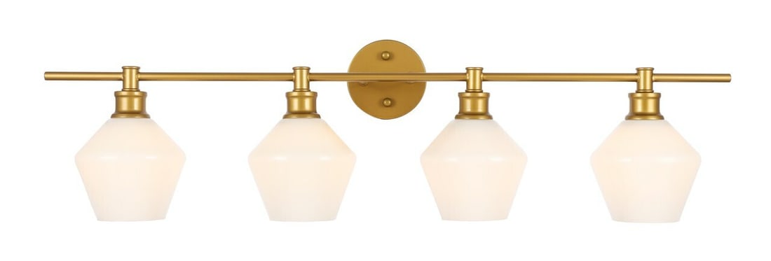 Gene 4-Light Brass Metal Wall Sconce with Frosted White Glass Shade: Gene 4-Light Brass Metal Wall Sconce with Frosted White Glass Shade This modern wall sconce features a brass metal frame paired with frosted white glass shades, offering a sophisticated lighting solut