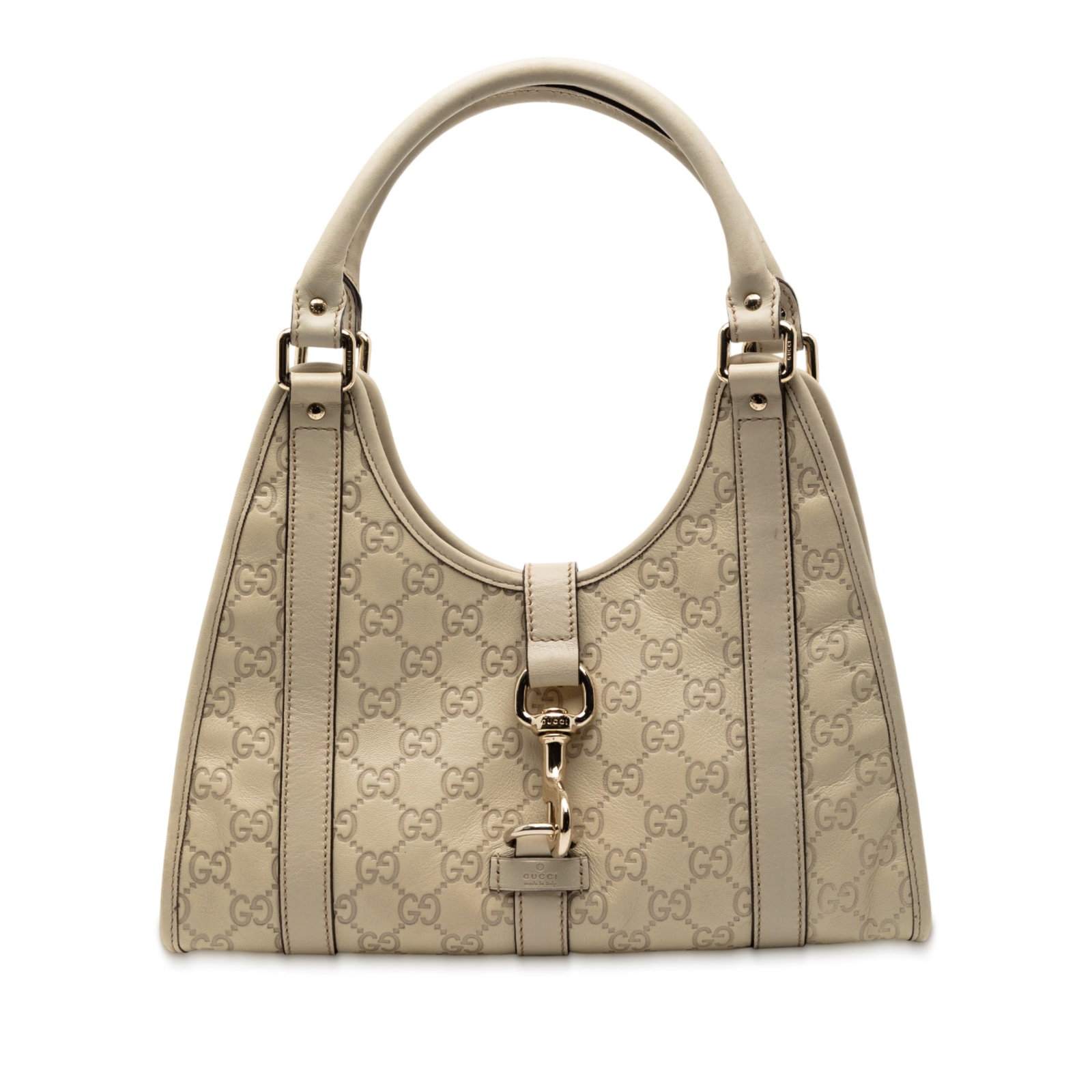 Gucci Guccissima Jackie Joy Bardot Embossed Leather White Shoulder Bag: Gucci Guccissima Jackie Joy Bardot Embossed Leather White Shoulder Bag This Gucci Guccissima Jackie Joy Bardot shoulder bag features an embossed leather body in white, a rolled leather handle, a hook 