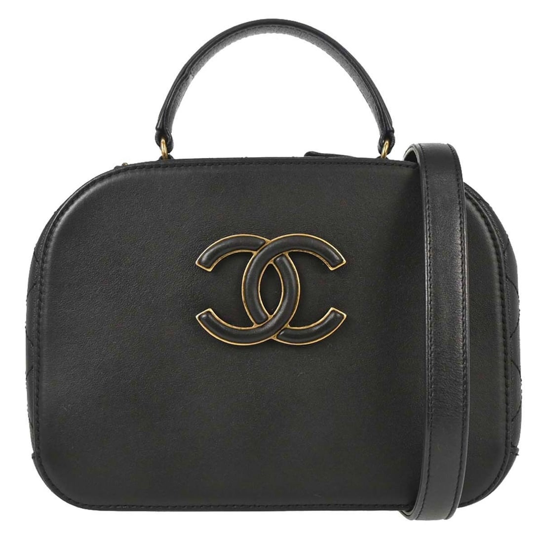 CHANEL Coco Curve Mini Vanity Bag Black Leather 2 Way: CHANEL Coco Curve Mini Vanity Bag Black Leather 2 Way Chanel Coco Curve Vanity Bag in black calfskin and goatskin with a zip closure and top handle design. This mini 2-way handbag is made in Italy and