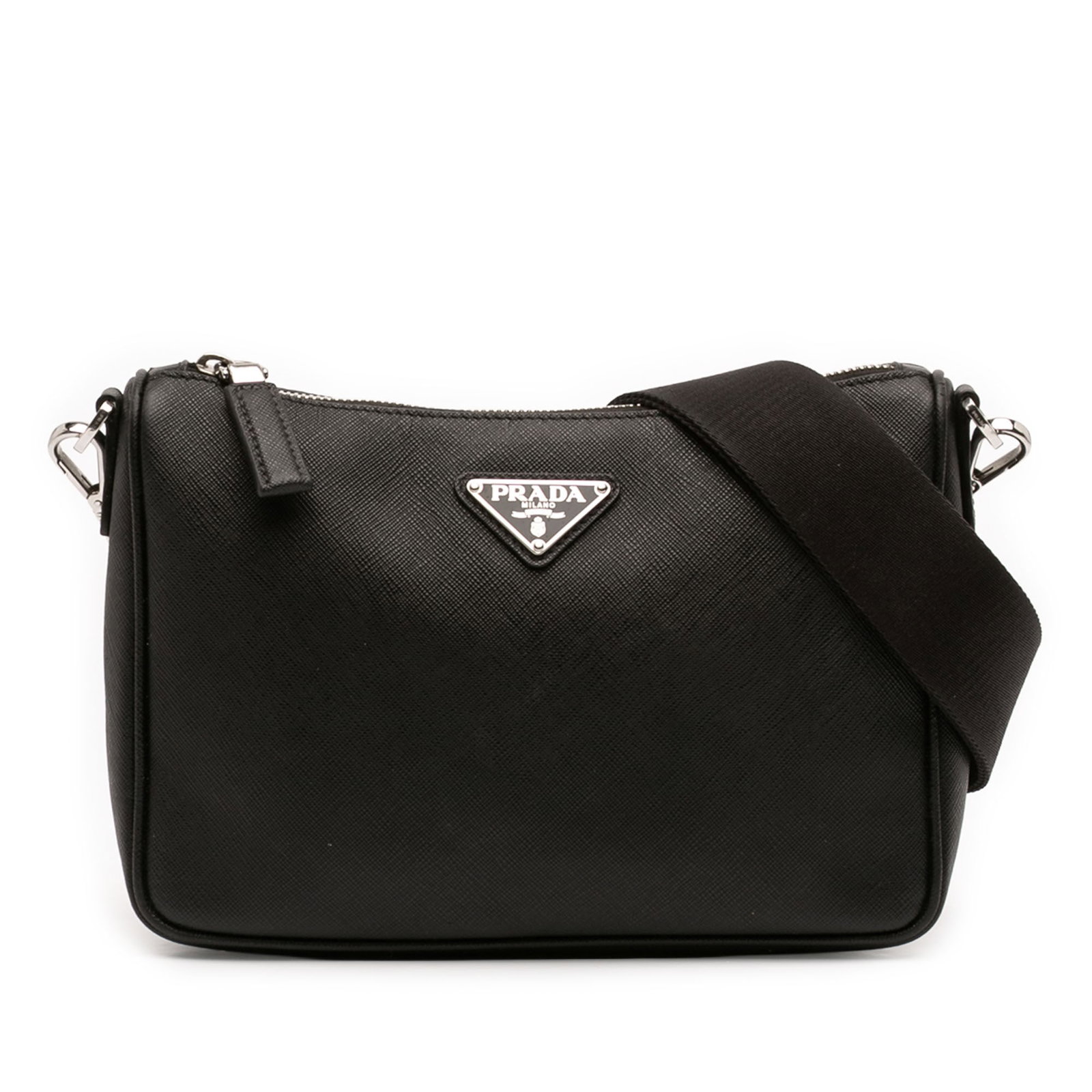 Prada Saffiano Leather Crossbody Bag with Detachable Strap Pouch: Prada Saffiano Leather Crossbody Bag with Detachable Strap Pouch Prada Saffiano Crossbody in black leather with a structured silhouette, top zip closure, and an adjustable, detachable strap. The bag a