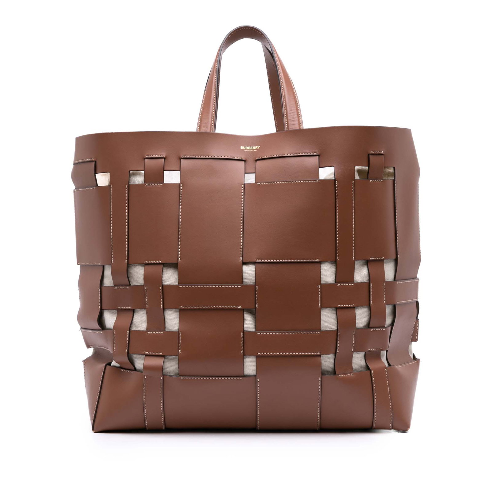 Burberry Large Leather Foster Tote Brown Woven with Pouch Italy (1 of 10)