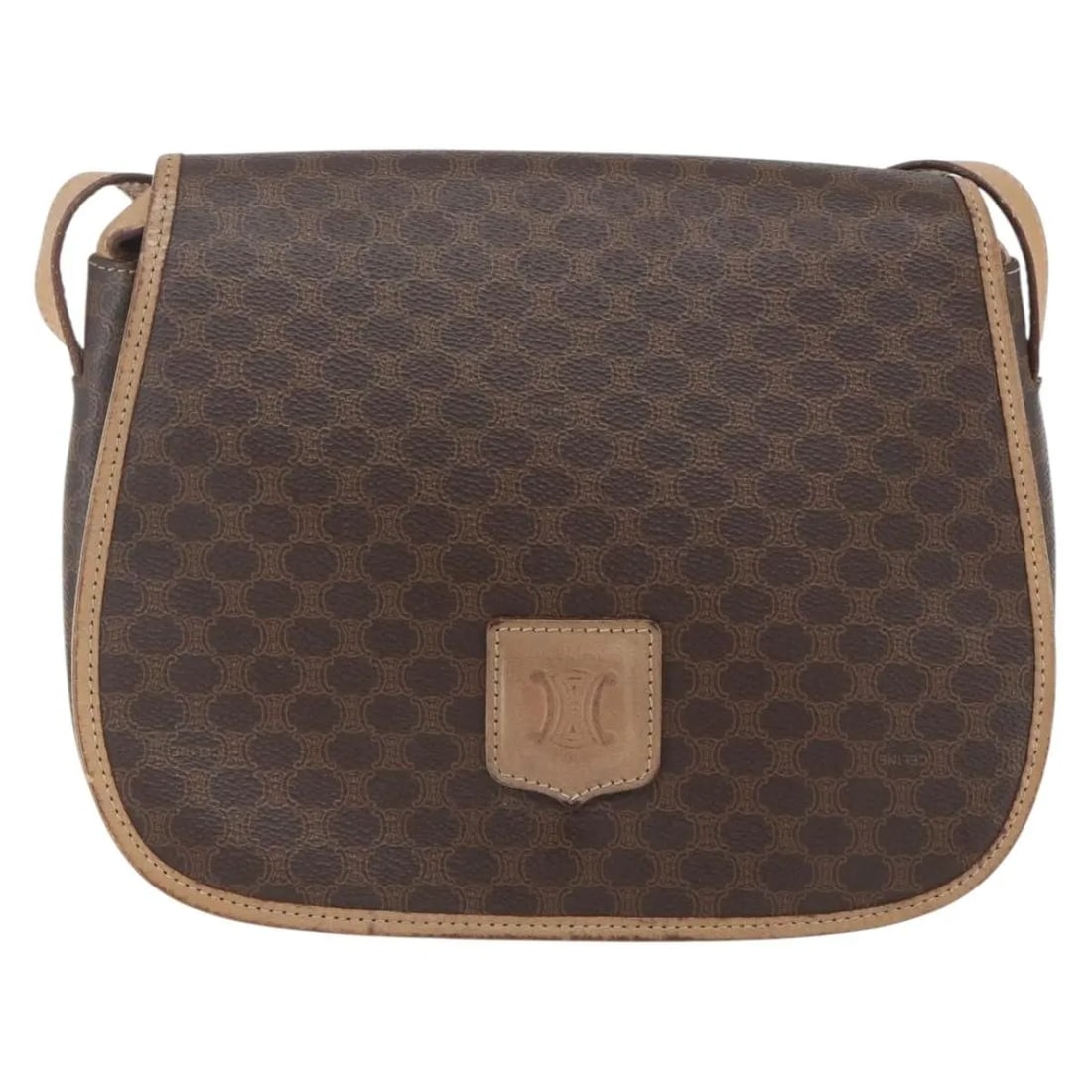 Celine Vintage Macadam Brown Canvas Shoulder Bag Italy: Celine Vintage Macadam Brown Canvas Shoulder Bag Italy This vintage Celine Macadam shoulder bag for women features a brown canvas body with leather details, crafted in Italy. It offers a compact desig