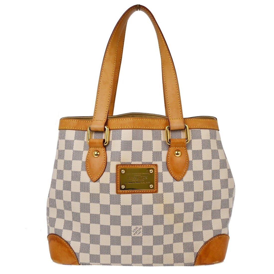 Louis Vuitton Hampstead PM Damier Azur Canvas Handbag N51207: Louis Vuitton Hampstead PM Damier Azur Canvas Handbag N51207 Vintage Louis Vuitton Hampstead PM handbag in Damier Azur canvas with leather trim. This medium handbag features double handles, a hook-and