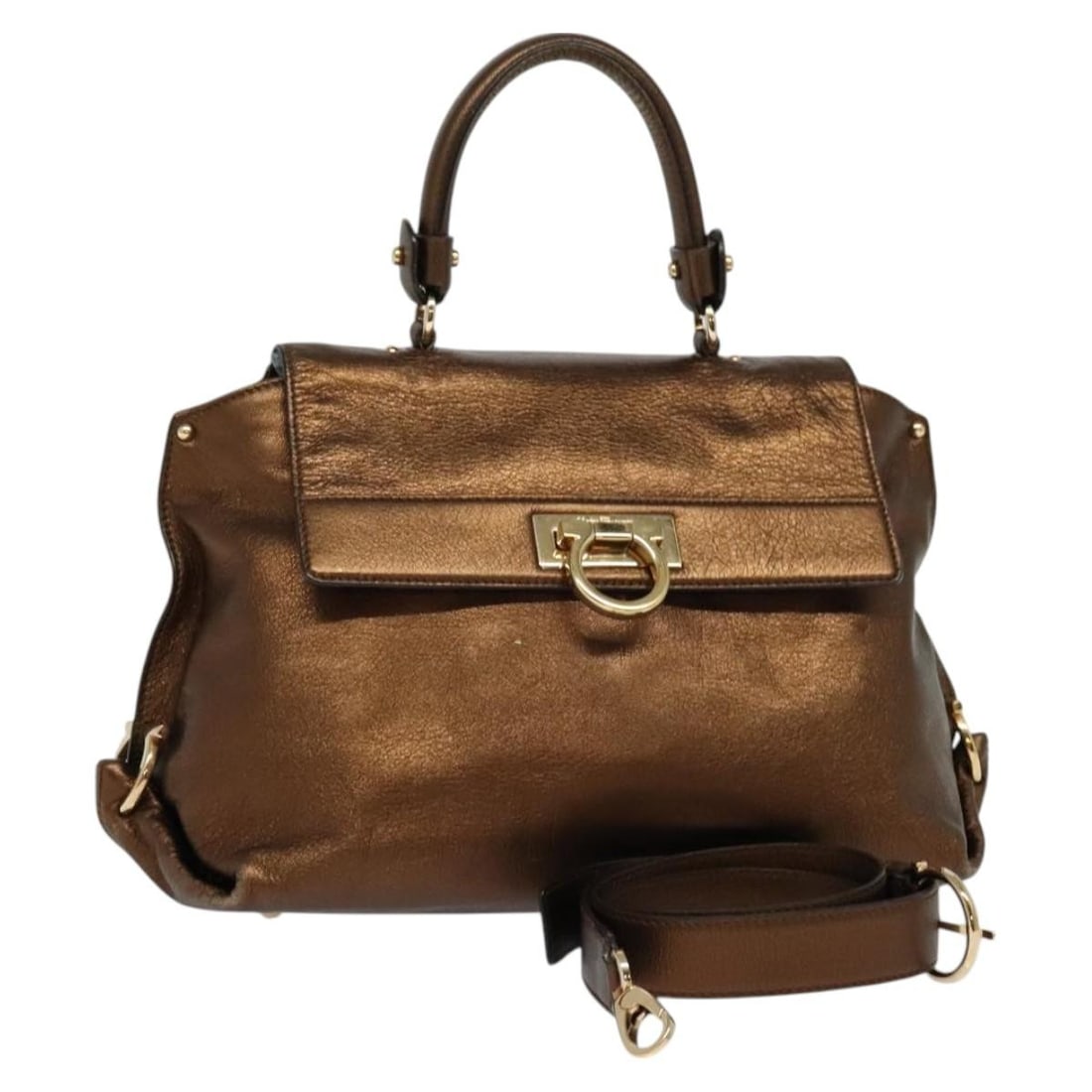 Salvatore Ferragamo Sofia Gancini Leather 2way Handbag Brown Gold (1 of 18)